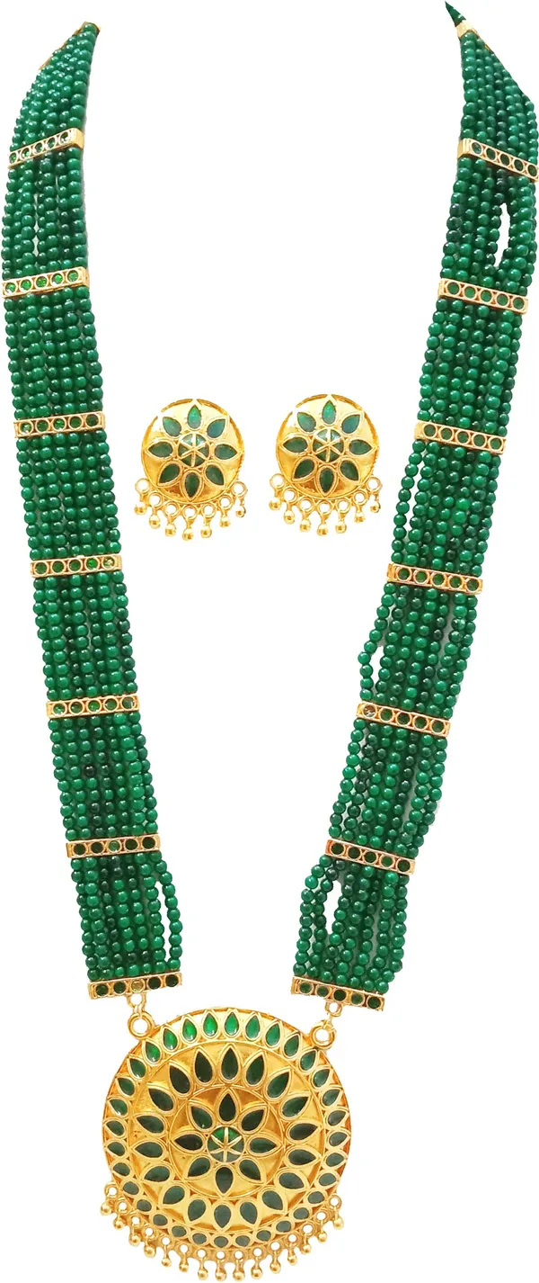 Assamese_Traditional_Gold_Plated_Green_Colour_Japi_Tassel_Jewellery_Set_For_Women